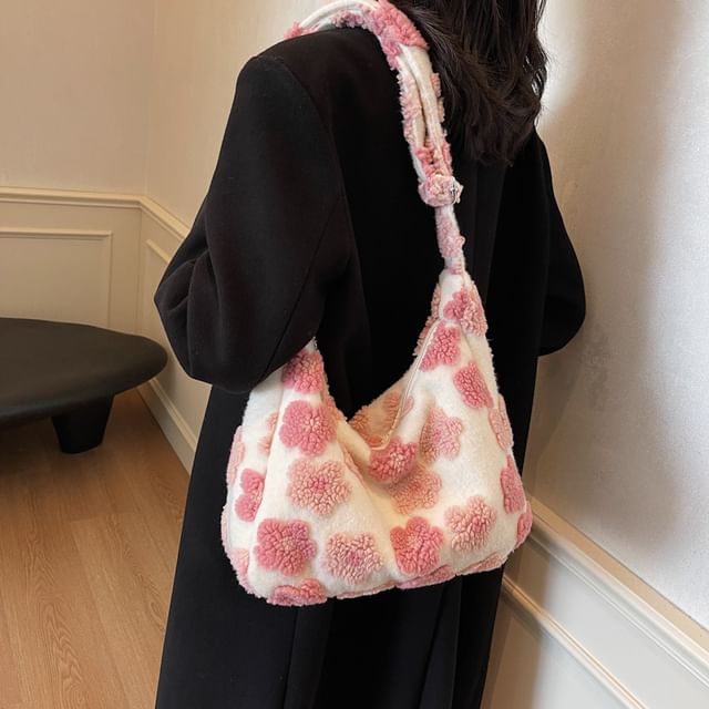 Floral Faux Shearling Tote Bag
