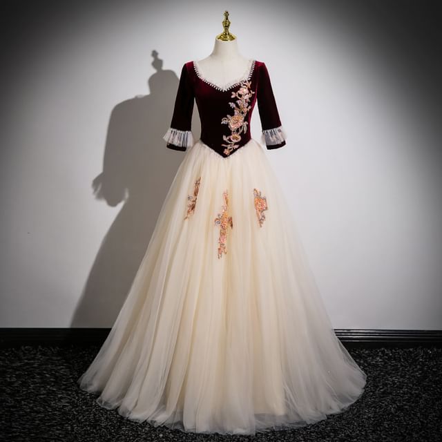 3/4-Sleeve V-Neck Beaded Floral Applique Mesh Panel Velvet A-Line Evening Gown