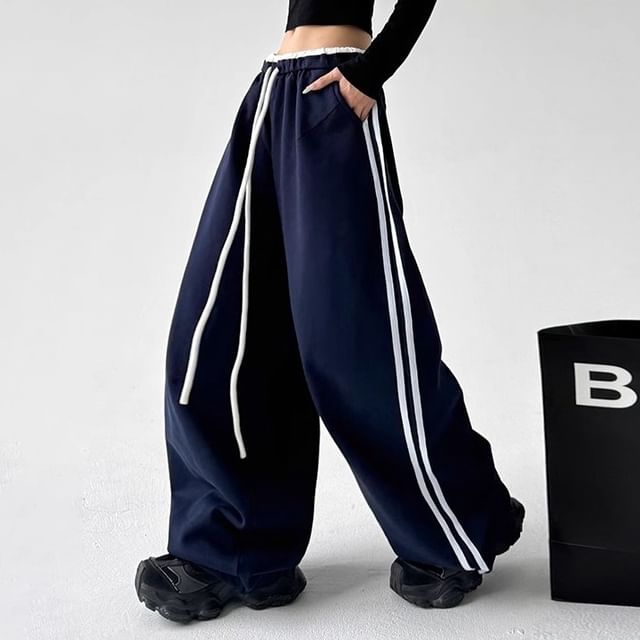 Low Waist Ruffled-Trim Striped Loose-Fit Wide-Leg Sweatpants