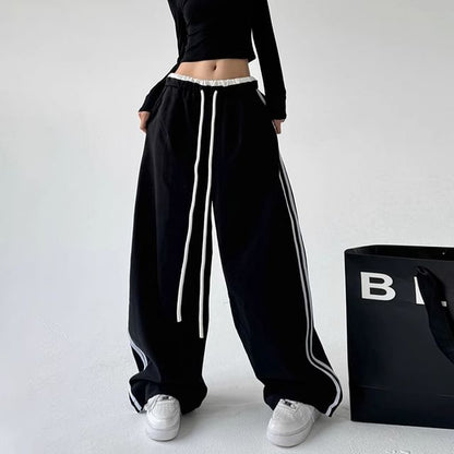 Low Waist Ruffled-Trim Striped Loose-Fit Wide-Leg Sweatpants