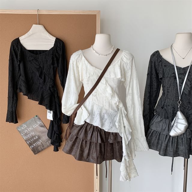 Trim Plain Top Scoop Ruffle Asymmetrical Neck Long-Sleeve