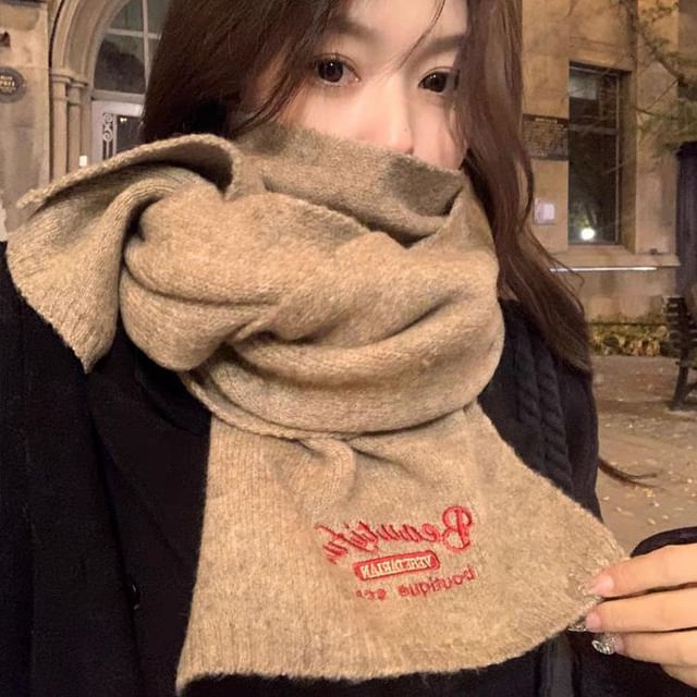 Lettering Embroidered Plaid / Plain Scarf