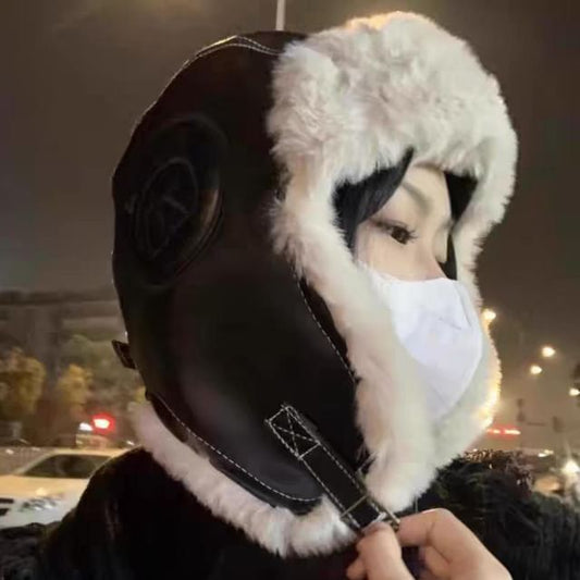 Trapper Fluffy Hat Faux / Plain Leather Panel