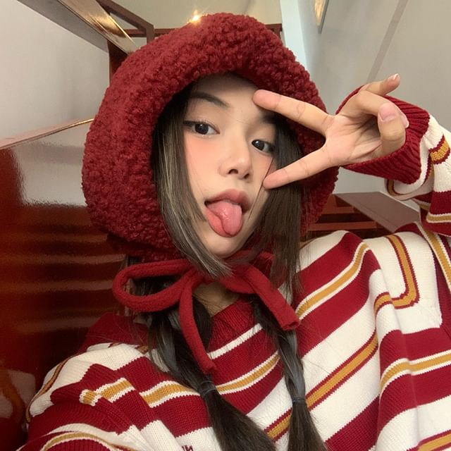 Plain Fleece / Tie-Up Hat Beanie Knit Cable