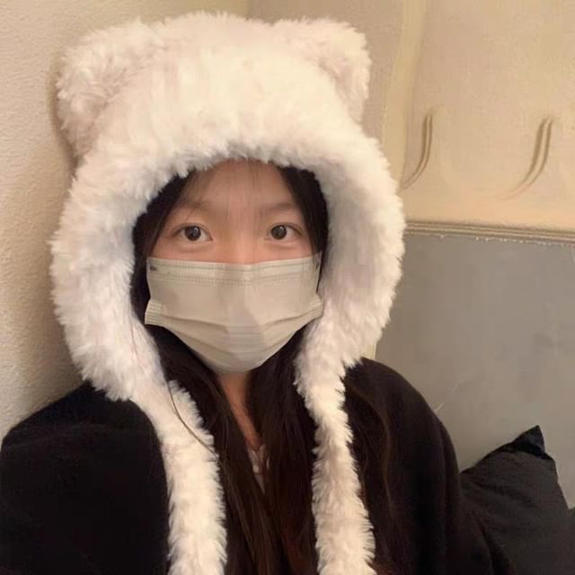 Plain Ribbed Ear Bear Beanie Fluffy Hat /