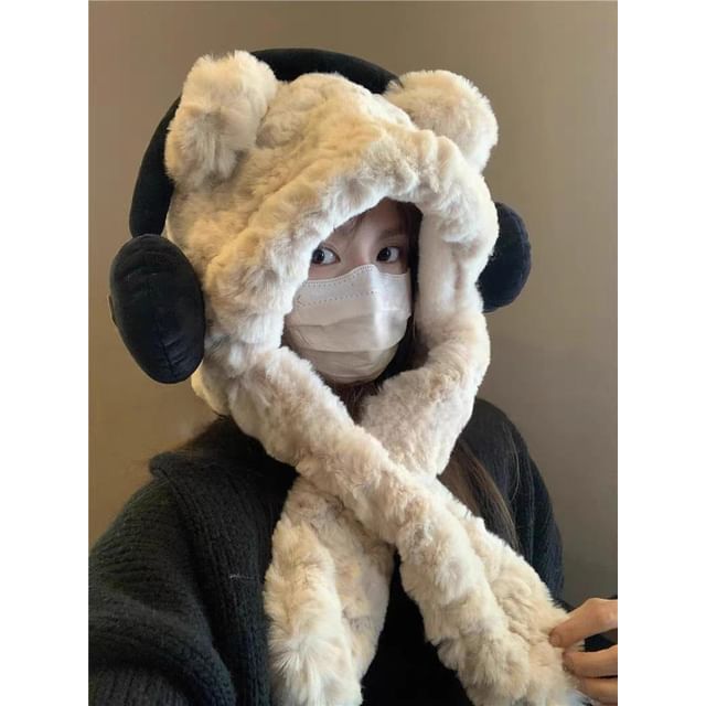 Scarf Ribbed Bear Hooded Beanie / Fluffy Ear