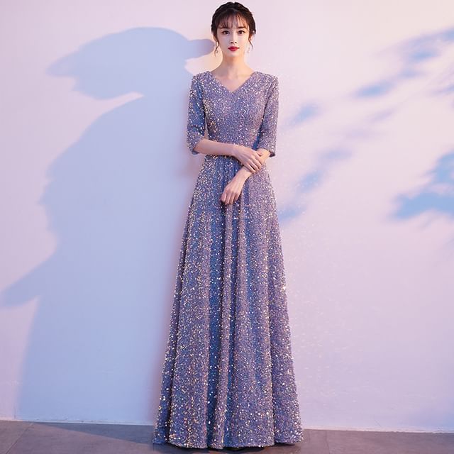 Sequin Elbow-Sleeve V-Neck A-Line Gown Evening