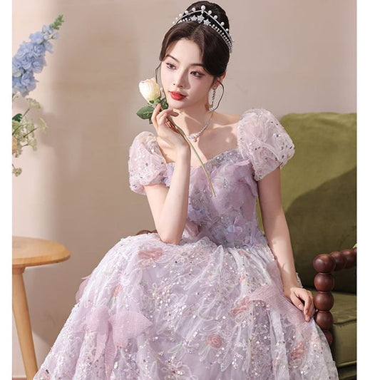 Embroidered Evening Sequin A-Line Flower Gown Puff-Sleeve