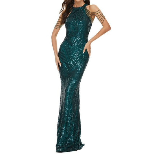 Evening Halter Strappy Mermaid Gown Beaded Sequin