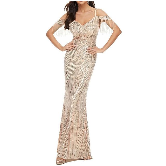 Trumpet Beaded Cold-Shoulder Sequin Gown Evening