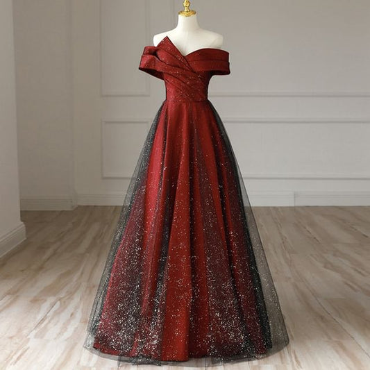 Mesh Glitter Gown A-Line Asymmetrical Evening Off-Shoulder Panel