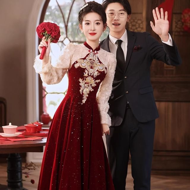 Puff-Sleeve Embroidered Flower A-Line Gown Evening Sequin