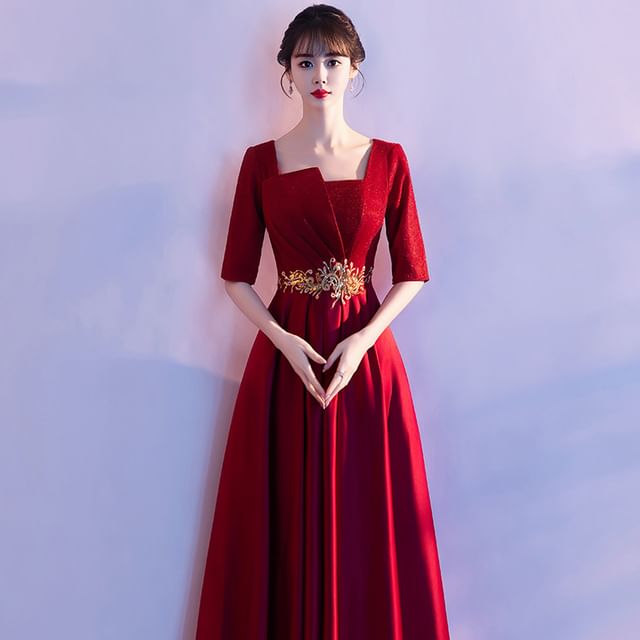 Elbow-Sleeve Gown Evening Square Neck A-Line Embroidered