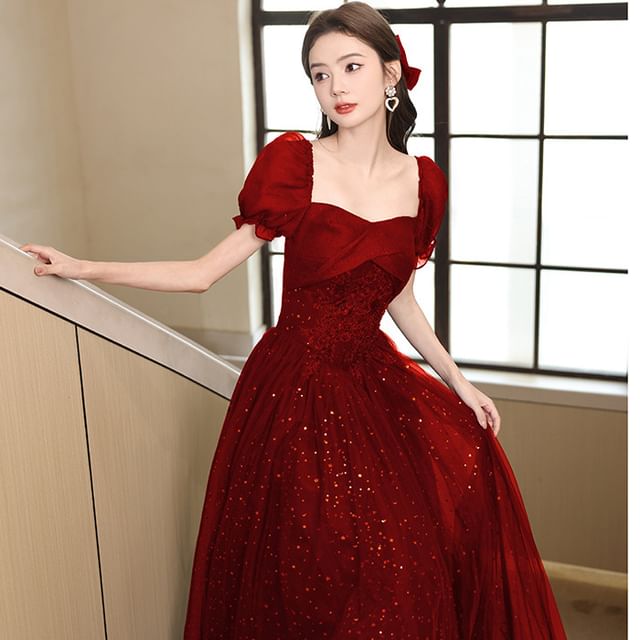 A-Line Gown Evening Sequin Puff-Sleeve
