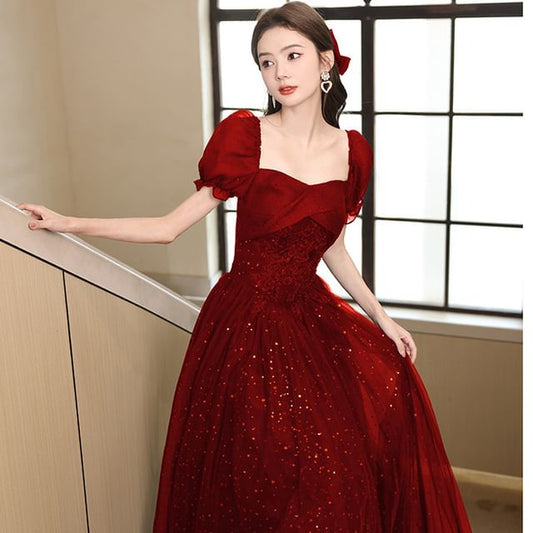 A-Line Gown Evening Sequin Puff-Sleeve