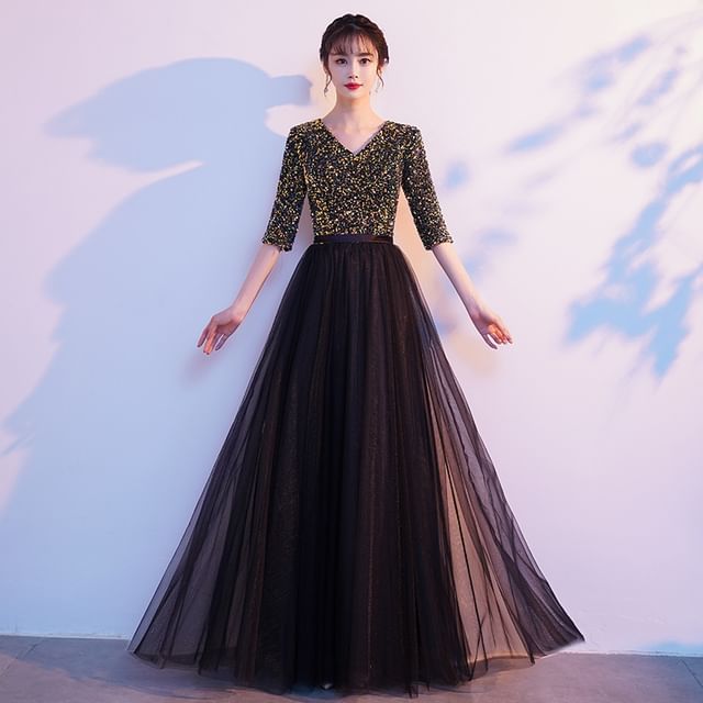 Sequin Elbow-Sleeve V-Neck A-Line Gown Evening