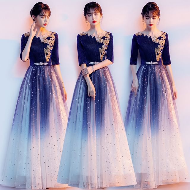 Elbow-Sleeve A-Line Gown Flower Embroidered Sequin Evening Gradient