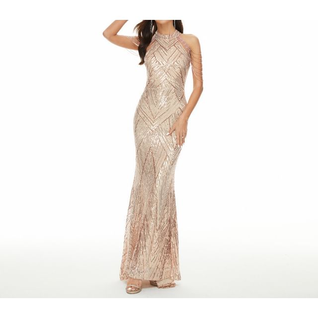 Evening Halter Strappy Mermaid Gown Beaded Sequin