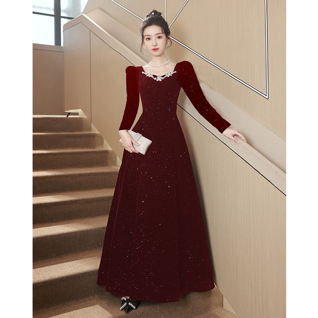 Puff-Sleeve A-Line Rhinestone Evening Sequin Gown