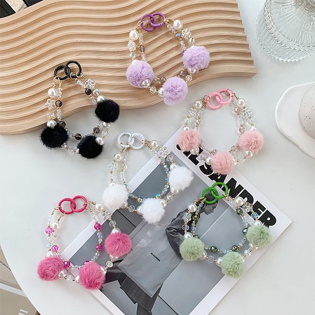 Phone Faux Layered Strap Pearl Pom