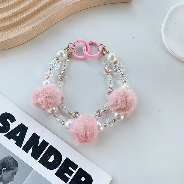Phone Faux Layered Strap Pearl Pom