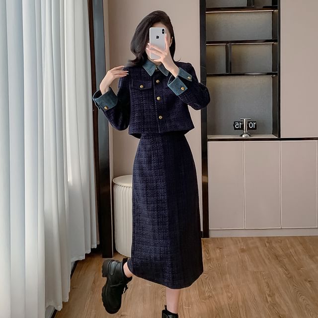 Set: Denim Collar Tweed Button-Up Jacket + High Rise Midi A-Line Skirt