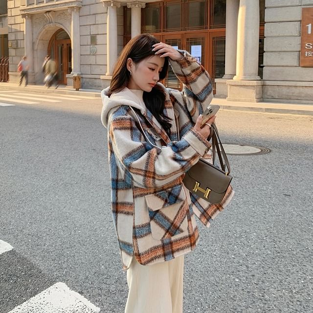 Plaid Hooded Pocket Detail Single-Breasted Coat