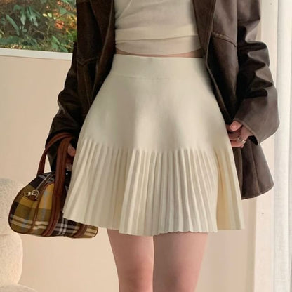 High Waist Plain Pleated Knit Mini A-Line Skirt