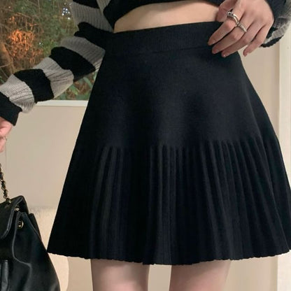 High Waist Plain Pleated Knit Mini A-Line Skirt