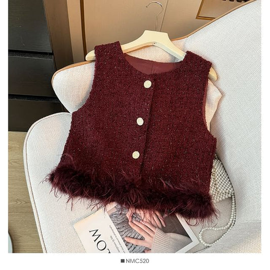 Feather-Hem Button-Up Tweed Vest