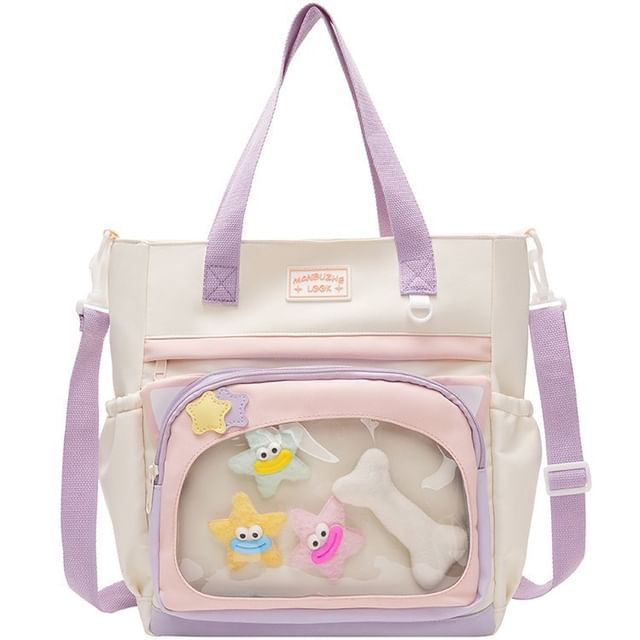 Transparent Panel Nylon Crossbody Tote Bag