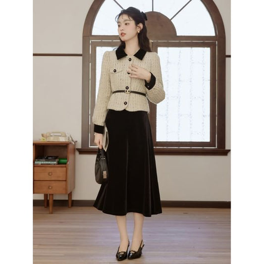 Set: Collar Two Tone Tweed Button Jacket + High Rise Plain Velvet Midi A-Line Skirt