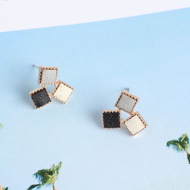 Square Leather Earring Faux Alloy Stud