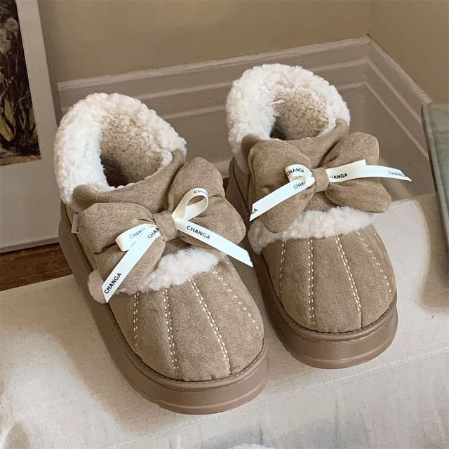 Lettering Bow Contrast Stitched Short Snow Boots