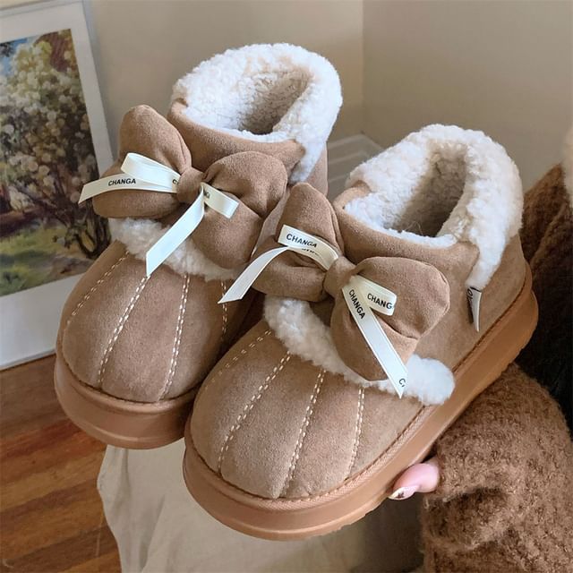 Lettering Bow Contrast Stitched Short Snow Boots