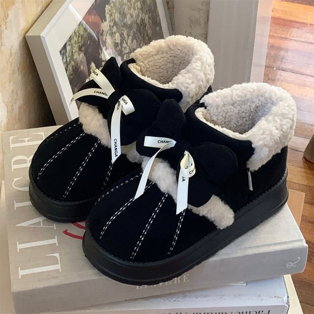 Lettering Bow Contrast Stitched Short Snow Boots