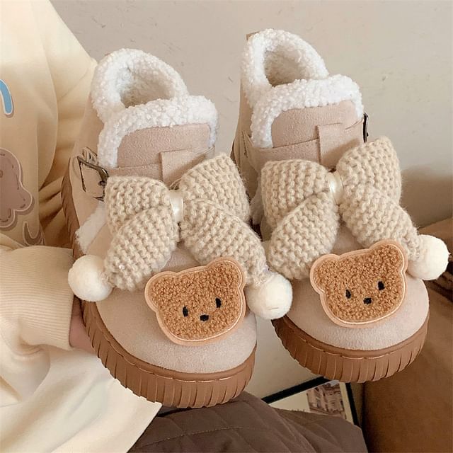 Bear Applique Bow Buckled Short Snow Boots