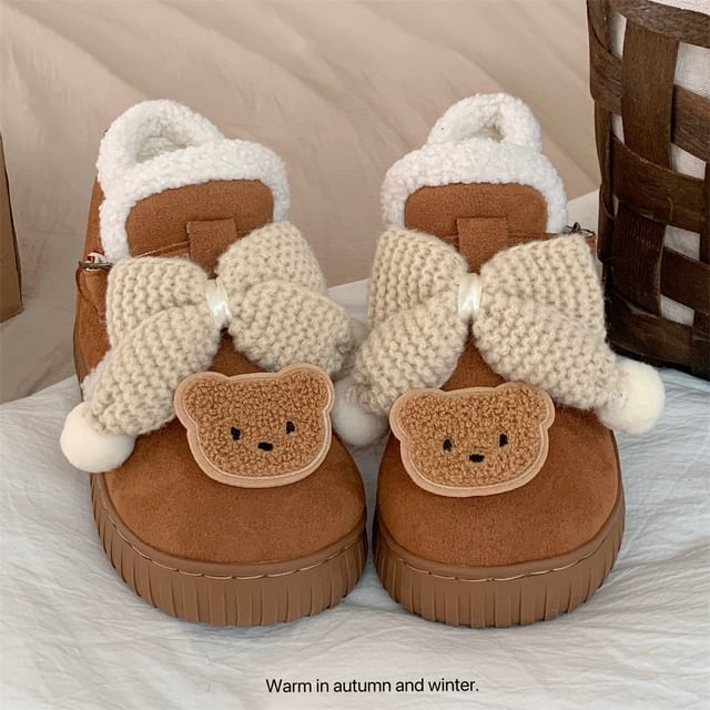 Bear Applique Bow Buckled Short Snow Boots