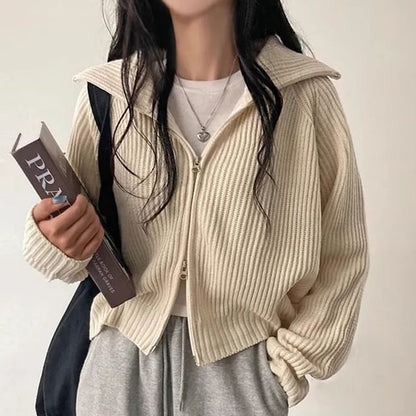 Collared Ribbed Zip-Up Plain Cardigan