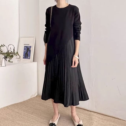 Set: Long-Sleeve Asymmetrical Plain Knit Top + Sleeveless Pleated Midi A-Line Dress