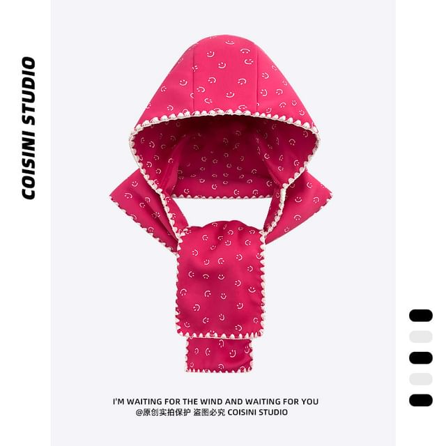 Smiley Face Print Hooded Scarf / Bow Print Hooded Scarf