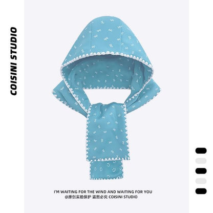 Smiley Face Print Hooded Scarf / Bow Print Hooded Scarf