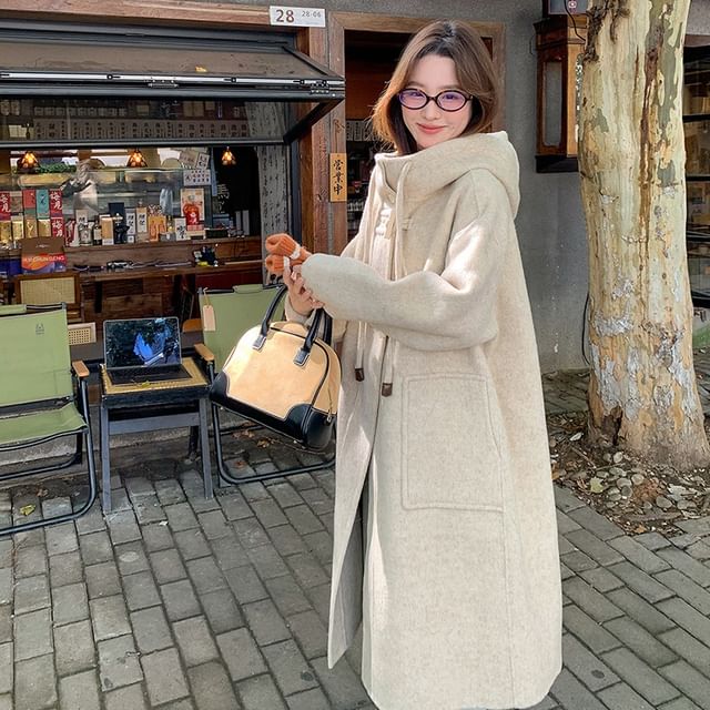 Plain Hooded Toggle Long Coat