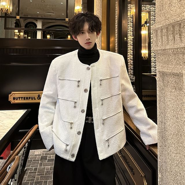 Long Sleeve Round Neck Embellished Tweed Jacket