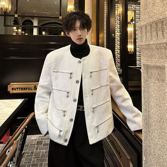 Long Sleeve Round Neck Embellished Tweed Jacket