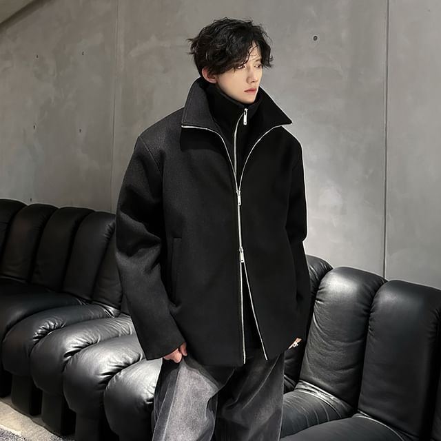Long Sleeve Stand Collar Zip Up Wool Coat
