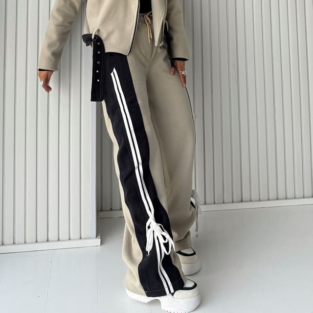 High Rise Color-Block Striped Bow Accent Denim Panel Loose-Fit Wide-Leg Sweatpants