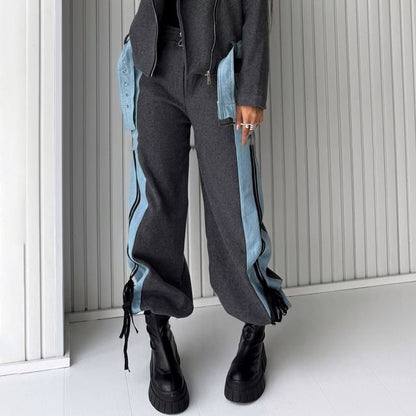 High Rise Color-Block Striped Bow Accent Denim Panel Loose-Fit Wide-Leg Sweatpants