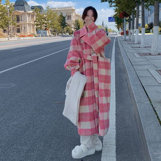 Lapel Collar Plaid Tie Waist Long Coat