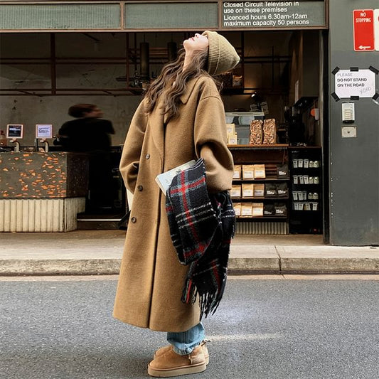 Lapel Collar Plain Double-Breasted Long Coat